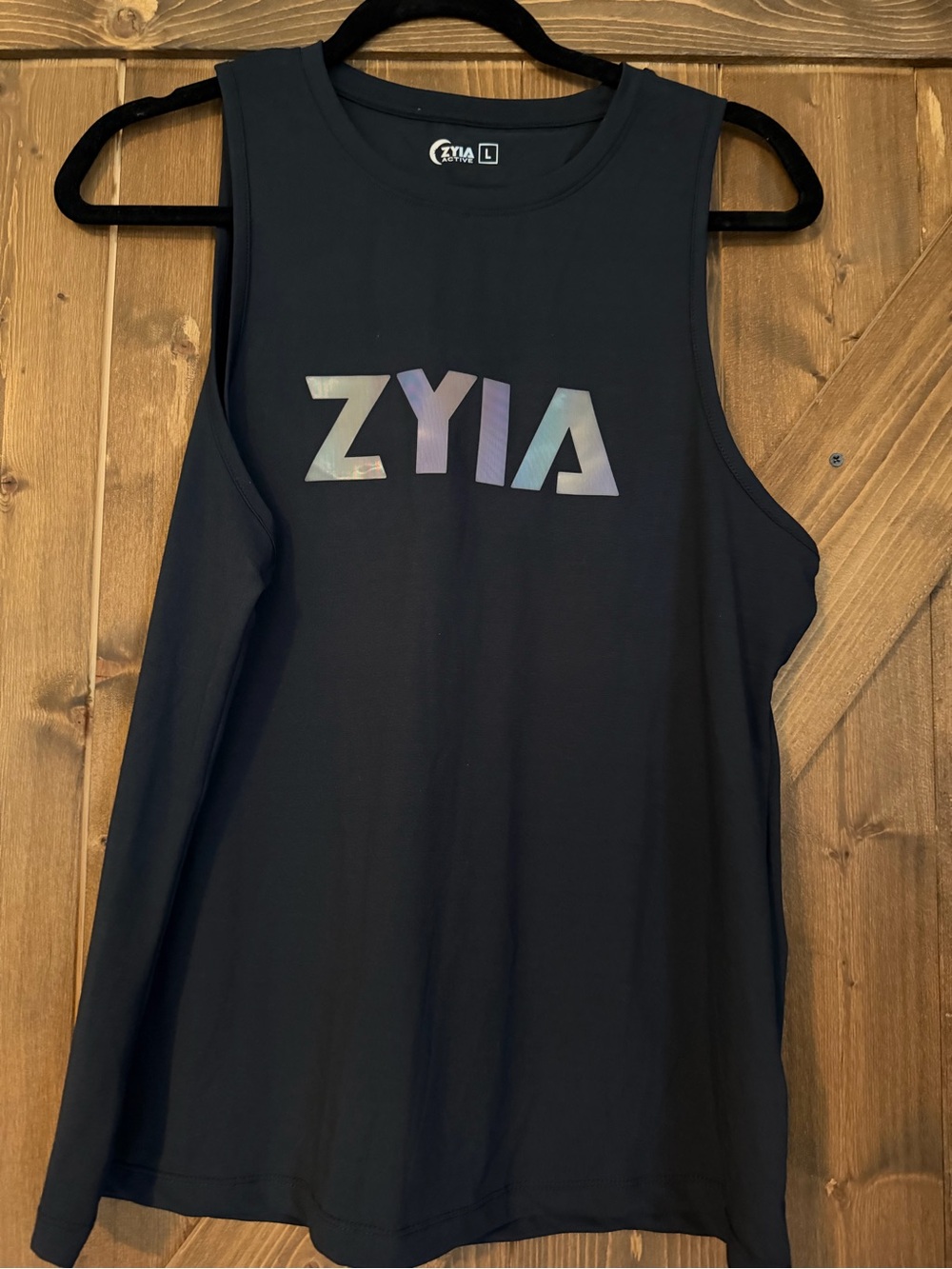 ZYIA Black Muscle Tank with Iridescent Logo